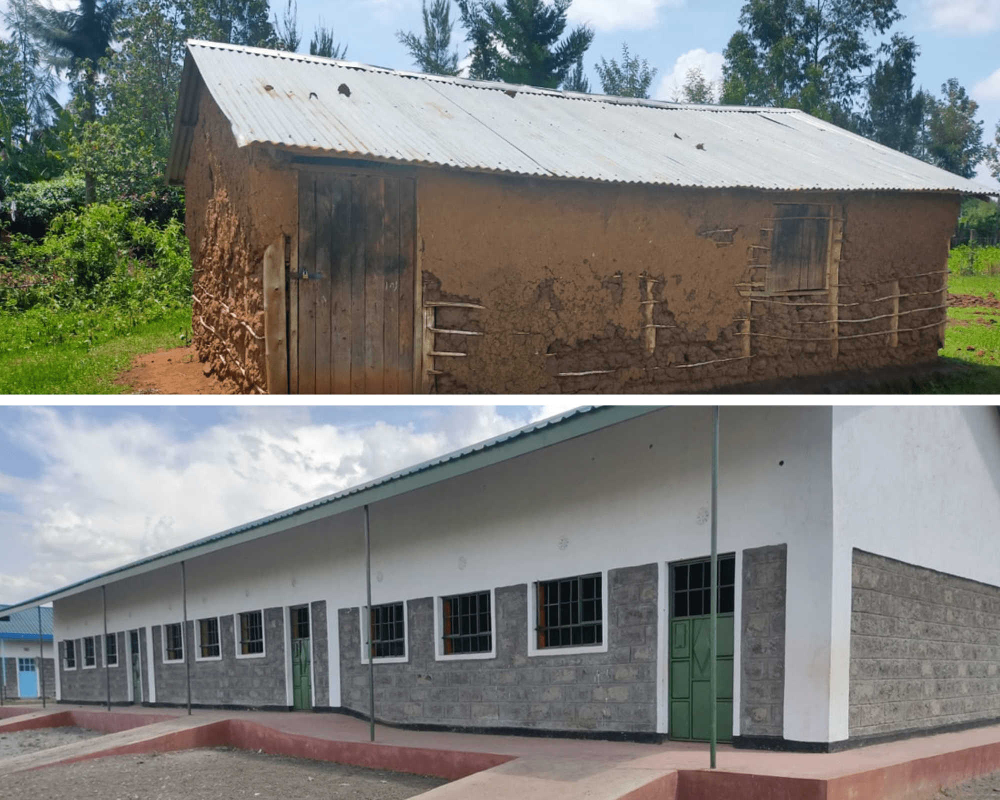 Village Impact Stu and Amy McLaren Paul and Melissa Pruitt before and after school rebuilt in Kenya